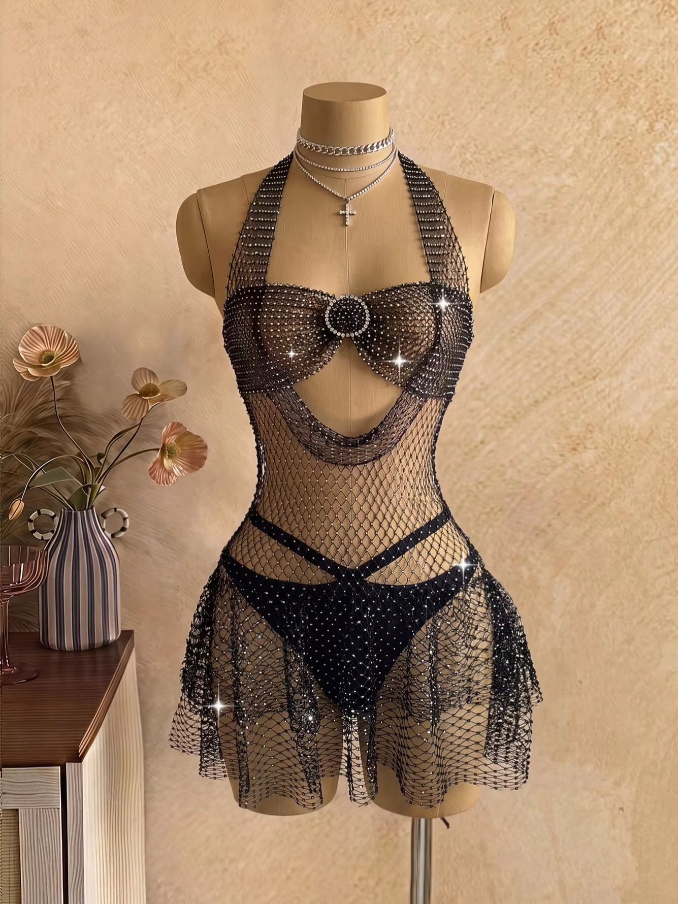 Sparkly Rhinestone Club Party Dress - Black Rhinestone Mesh Halter Dress Women