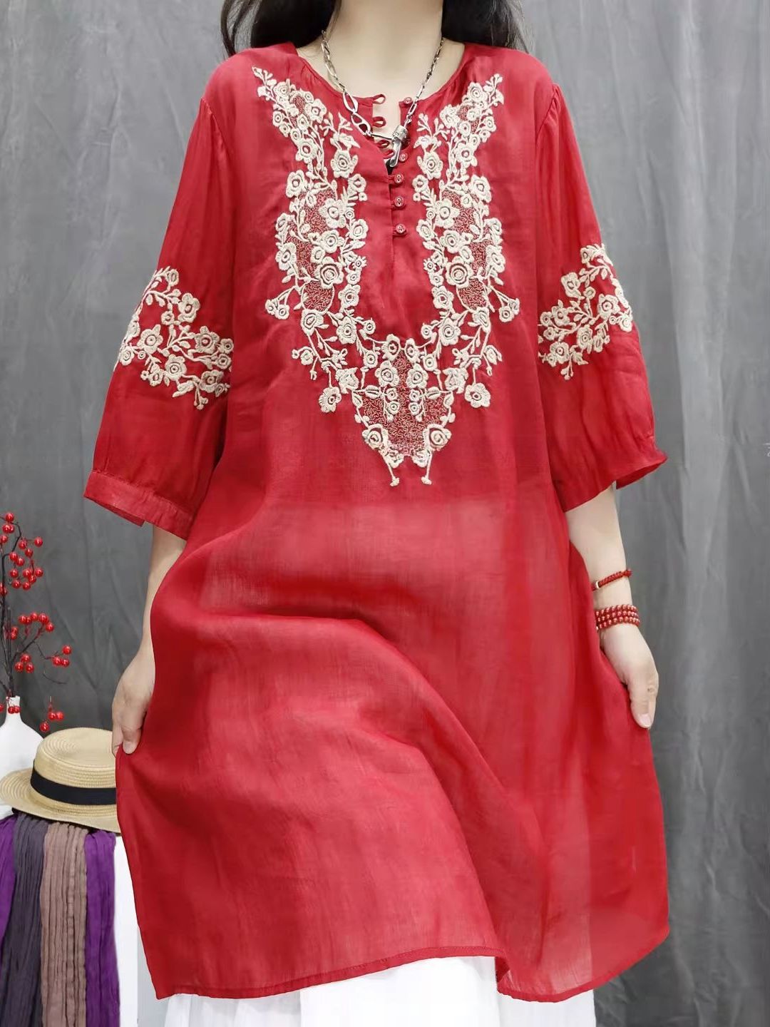 Retro Cotton Linen Embroidered - Casual Loose Linen Shirt Dress 评论和价格