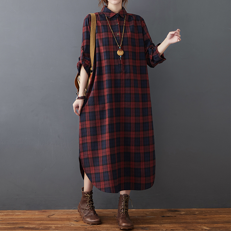 Cotton Linen Dress Women's Aut - Casual Loose Linen Shirt Dress 评论和价格