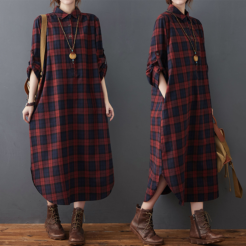 Cotton Linen Dress Women's Aut - Casual Loose Linen Shirt Dress 评论和价格