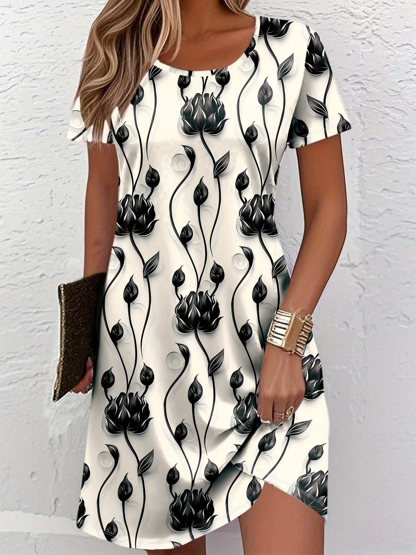 New Women Slim Summer 3D Print - French Vintage Floral Midi Dress 评论和价格