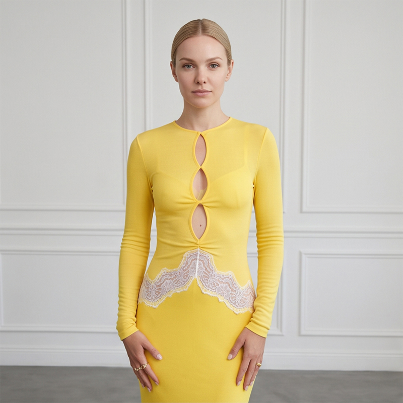 Women Yellow Lace Cutout Long  - Bodycon Long Sleeve Ribbed Dress 评论和价格