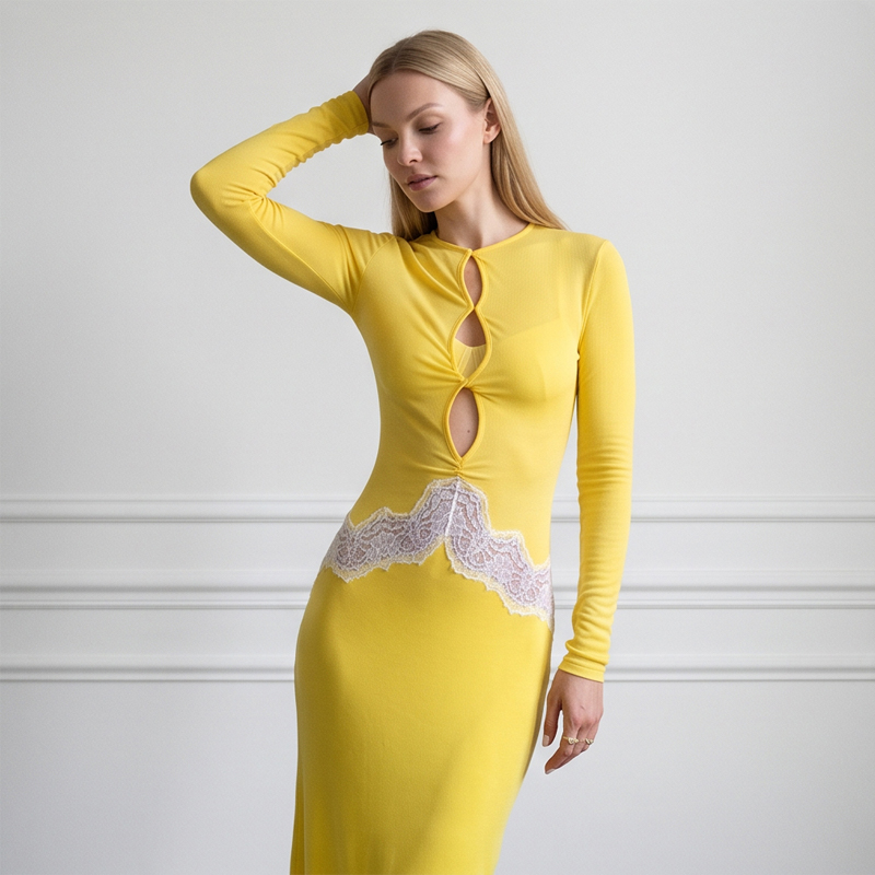 Women Yellow Lace Cutout Long  - Bodycon Long Sleeve Ribbed Dress 评论和价格