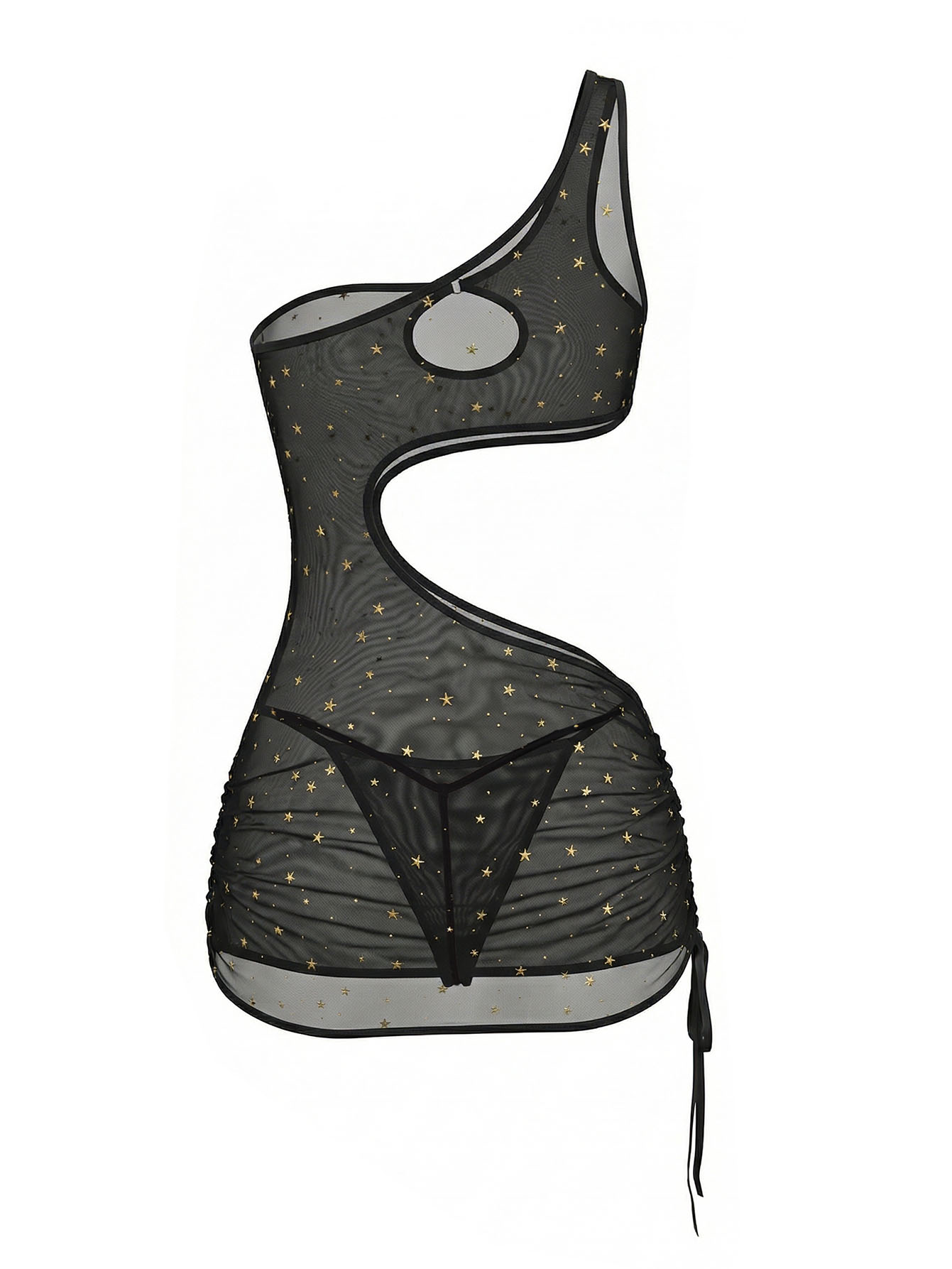 Black One‑Shoulder Star Print  - Sexy Mesh Sheer Bodycon Dress 评论和价格