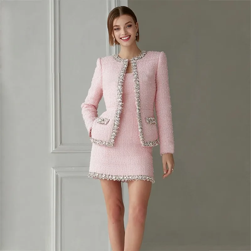 Premium Pink Tweed Women Two-P - Tweed Two Piece Blazer Dress 评论和价格