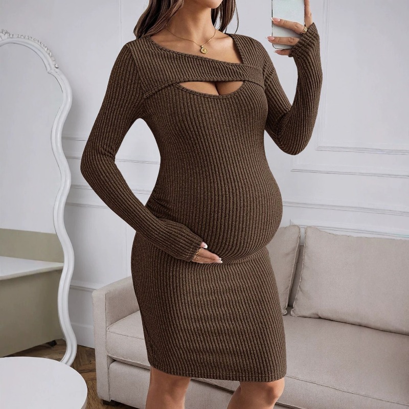 Maternity Clothes Long-sleeved - Bodycon Long Sleeve Ribbed Dress 评论和价格
