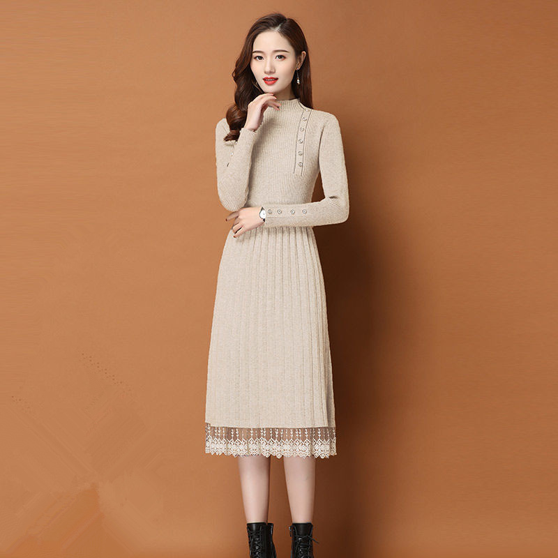 Lace Hem Buttons Women Autumn  - Bodycon Long Sleeve Ribbed Dress 评论和价格