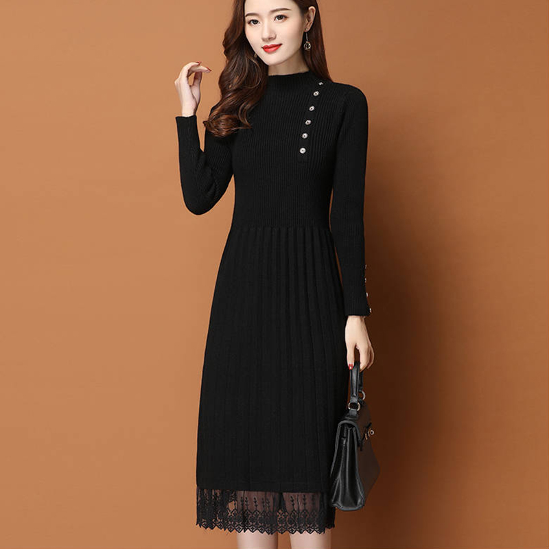 Lace Hem Buttons Women Autumn  - Bodycon Long Sleeve Ribbed Dress 评论和价格