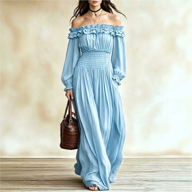 Off Shoulder Fashion Maxi Dres - Off Shoulder Puff Sleeve Sundress 评论和价格