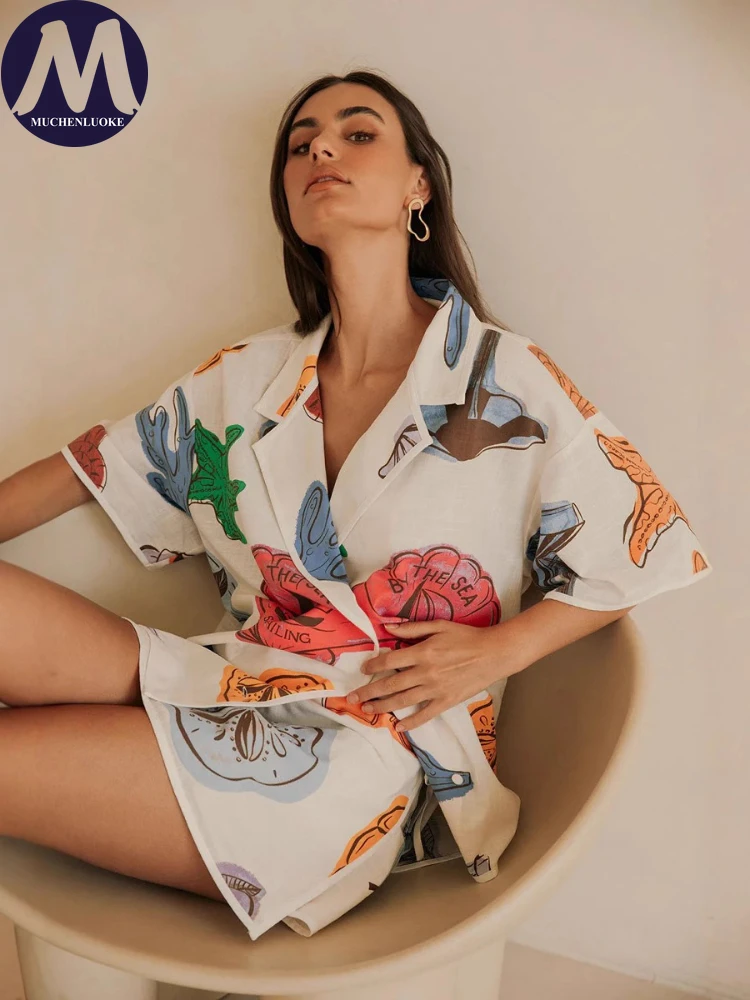 Summer Two Piece Outfits for W - Casual Loose Linen Shirt Dress 评论和价格
