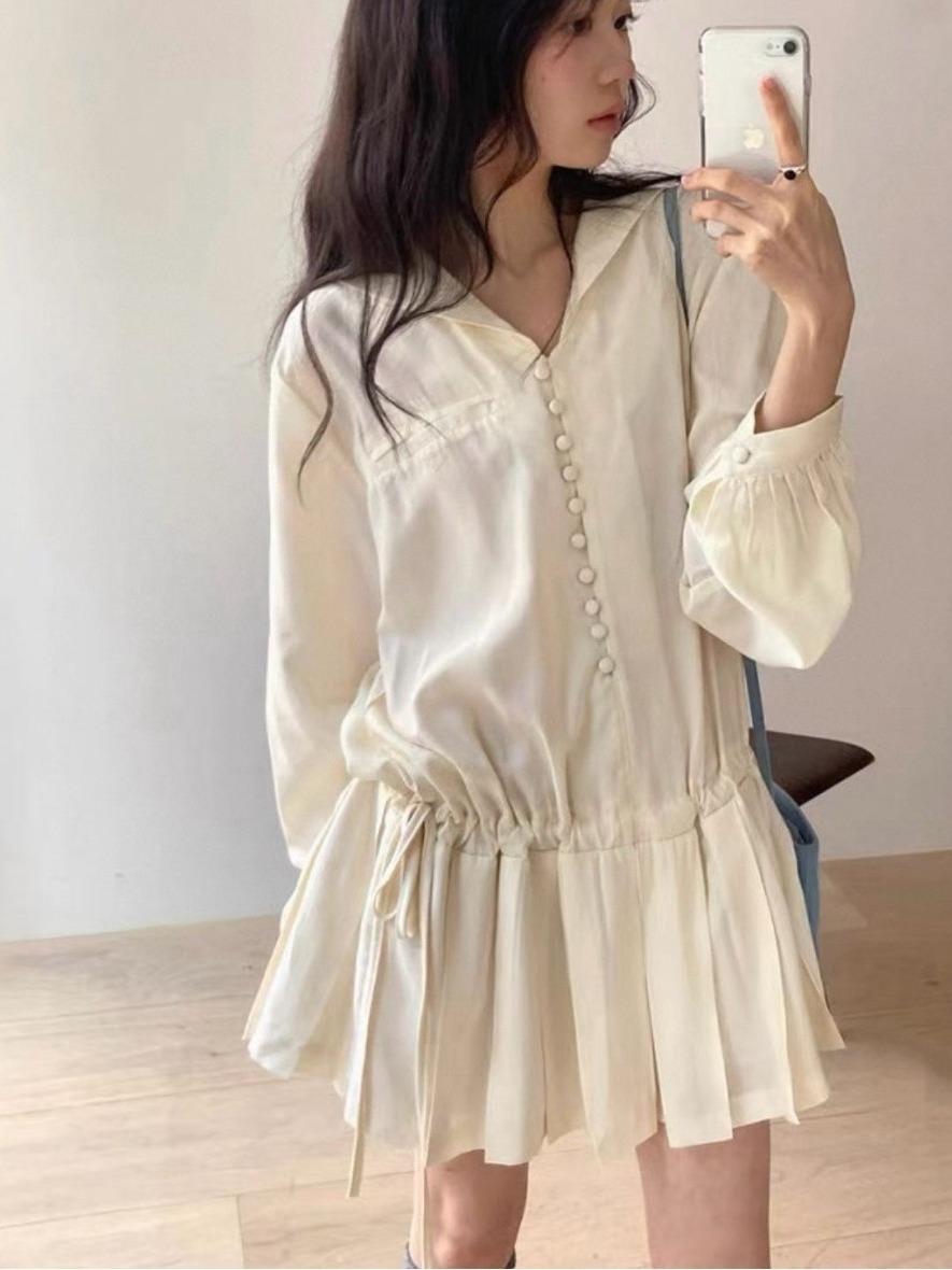 Slimming Long Sleeve Shirt Dre - Korean Style A Line Shirt Dress 评论和价格