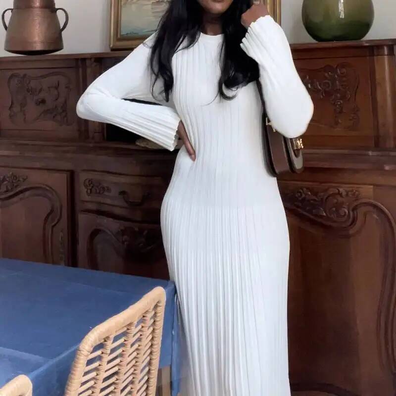 Women Elegant Ribbed Knit Full - Bodycon Long Sleeve Ribbed Dress 评论和价格