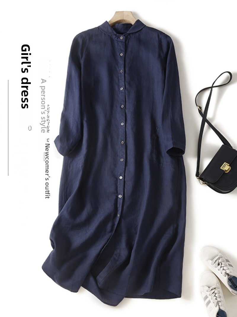 Linen Cotton Blend Long Sleeve - Casual Loose Linen Shirt Dress 评论和价格